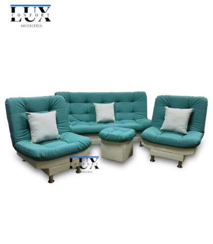 sala reclinable grande antirasguño turquesa con diseño contemporáneo, ideal para ambientes familiares. Incluye puff y cojines a juego para mayor confort