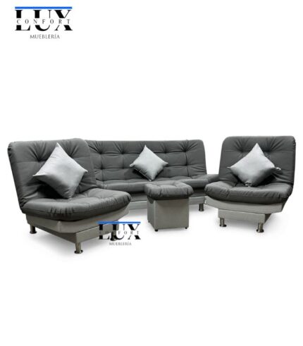 sala reclinable antirasguño plata con aluminizado con diseño contemporáneo, ideal para ambientes familiares. Incluye puff y cojines a juego para mayor confort.