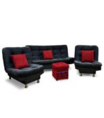 sala reclinable grande lino color negro cojines y puff rojo