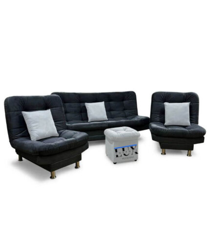 sala reclinable grande lino negro cojines y puff blanco