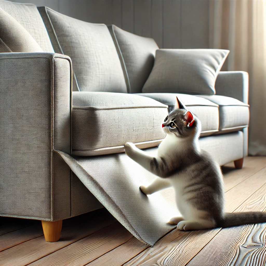 DALL·E 2024 09 13 03.34.28 A cozy living room with a comfortable sofa and a curious cat gently scratching the sofa made of anti scratch fabric. The fabric appears strong and dur