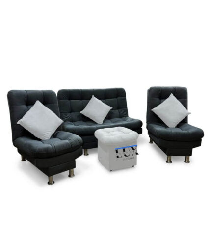 sala reclinable lino color negro cojines y puff blancos