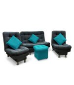 sala reclinable mini negro cojines y puff color turquesa