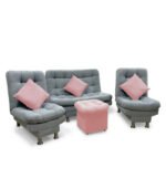 sala reclinable suiza plata cojines y puff rosa