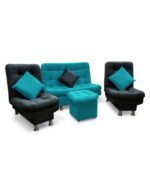 sala reclinable suiza sofa color turquesa sillas negras cojines y puff turquesa